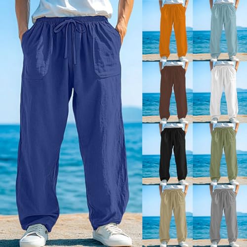 Cambkatl Men’s Linen Casual Beach Pants Loose Elastic Waist Drawstring Lightweight Straight Vacation Trousers with Pockets2