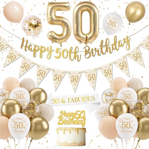 Décoration Anniversaire 50 Ans Femme - Ballons Blanc Or, Confettis Latex, Bannière Joyeux Anniversaire