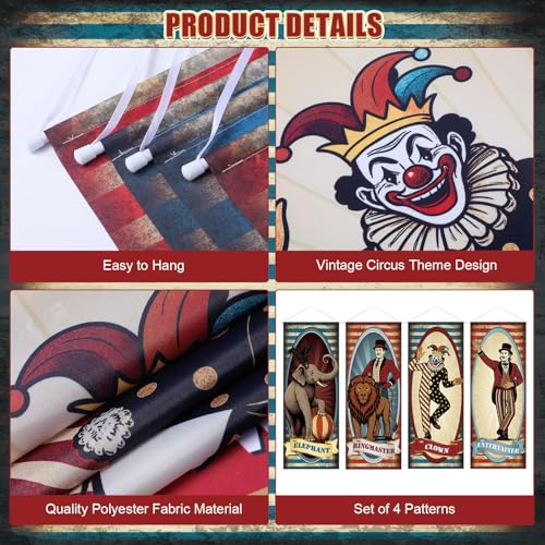 Image of Panelee 4 Pcs Vintage Carnival Circus Party Decorations Circus Clown Elephant Ringmaser Porch Banner Side Show Party Hanging Backdrop for Halloween Birthday Baby Shower Wall Indoor Outdoor Decor