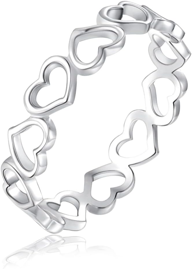 Hollow Love Heart Band Ring,Platinum Plated Silver Classical Cute Dainty Plain Heart Shape Statement Wedding Engagement Band Ring Jewelry for Women