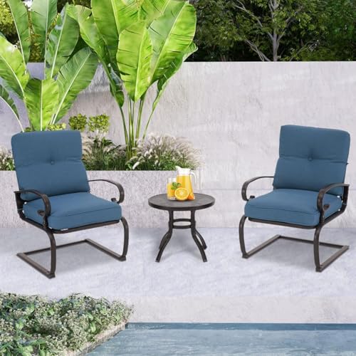 Crownland 3 Piece Patio Furniture Outdoor Bistro Set Metal Lounge Cushioned Chairs and Bistro Round Table Set, Wrought Iron Cafe Furniture Set,Peacock Blue
