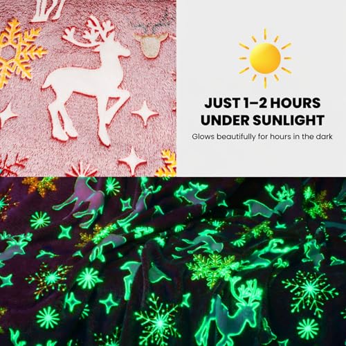 Image of Frosted Peach Glow-in-the-Dark Reindeer Blanket for Kids | Super Soft Pink Fleece, Snowflake Glow Design, 150x200 cm, Unisex Bedding Gift