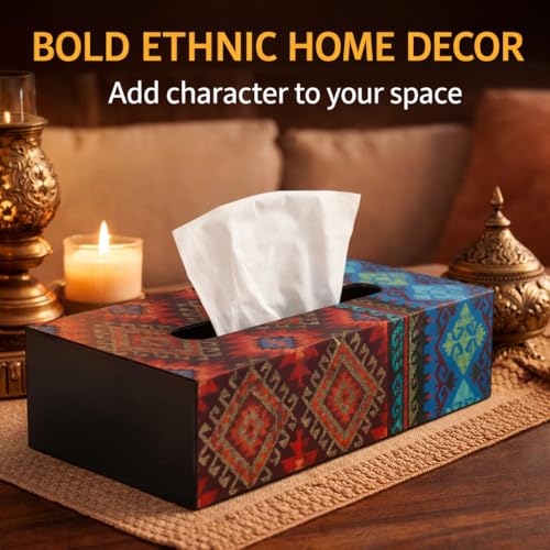 Image of Reinvention Factory Designer Wooden Tissue Box Holder - Kilim Print | Decorative Tissue Paper Box & Napkin Holder for Dining Table, Living Room, Car & Office | Sliding Lid Tissue Box Cover (9 x 5 in)