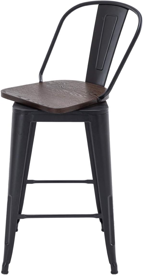 HAOBO Home Swivel Metal Barstools High Back Counter Bar Stools Set of 4 (Matte Black with Wooden Seat, Swivel 26 inch)