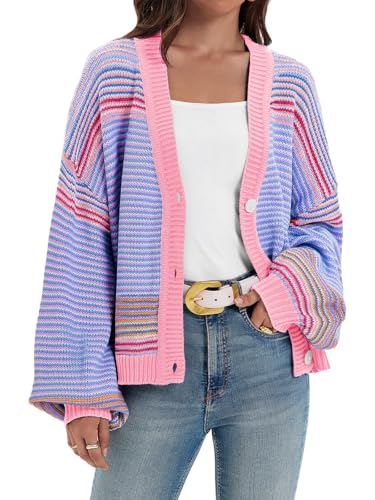 Saodimallsu Womens Striped Cardigan Sweaters Oversized Puff Sleeve Button Up V Neck Color Block Knit Sweater Coat2