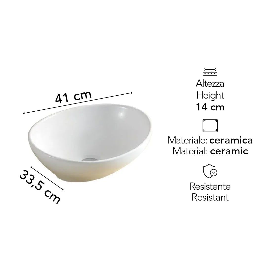 Kiamami Valentina - Lavabo In Appoggio Ovale In Ceramica Per Rubinetto A Muro