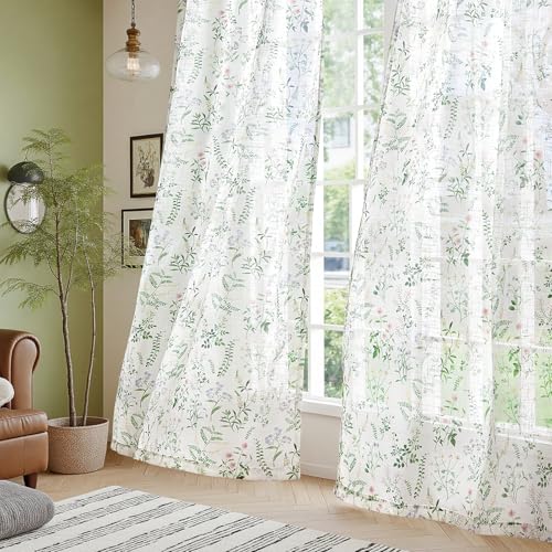 Image of TOPICK Floral Pattern Linen Look Net Curtains for Windows 54 Inch Drop, Light Filtering Voile Bedroom Drapes, Pencil Pleat Woven Short Sheer Curtain 2 Panels for Living Room, Nursery W50 x L54 Inch