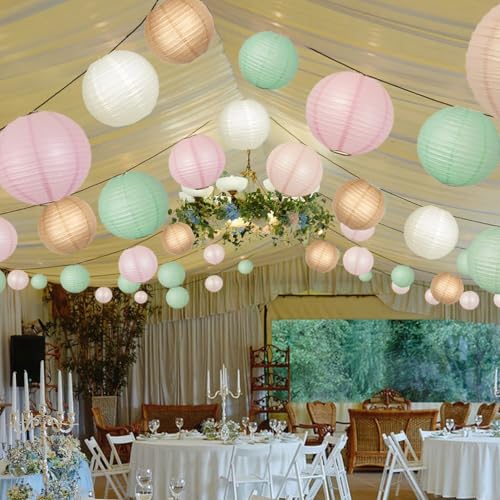 Image of Sage Green Pink Paper Lanterns Decorative 12pcs Wedding Hanging Decorations for Bridal Shower Birthday Rustic Party Neutral Baby Shower Sage Green Home Decor