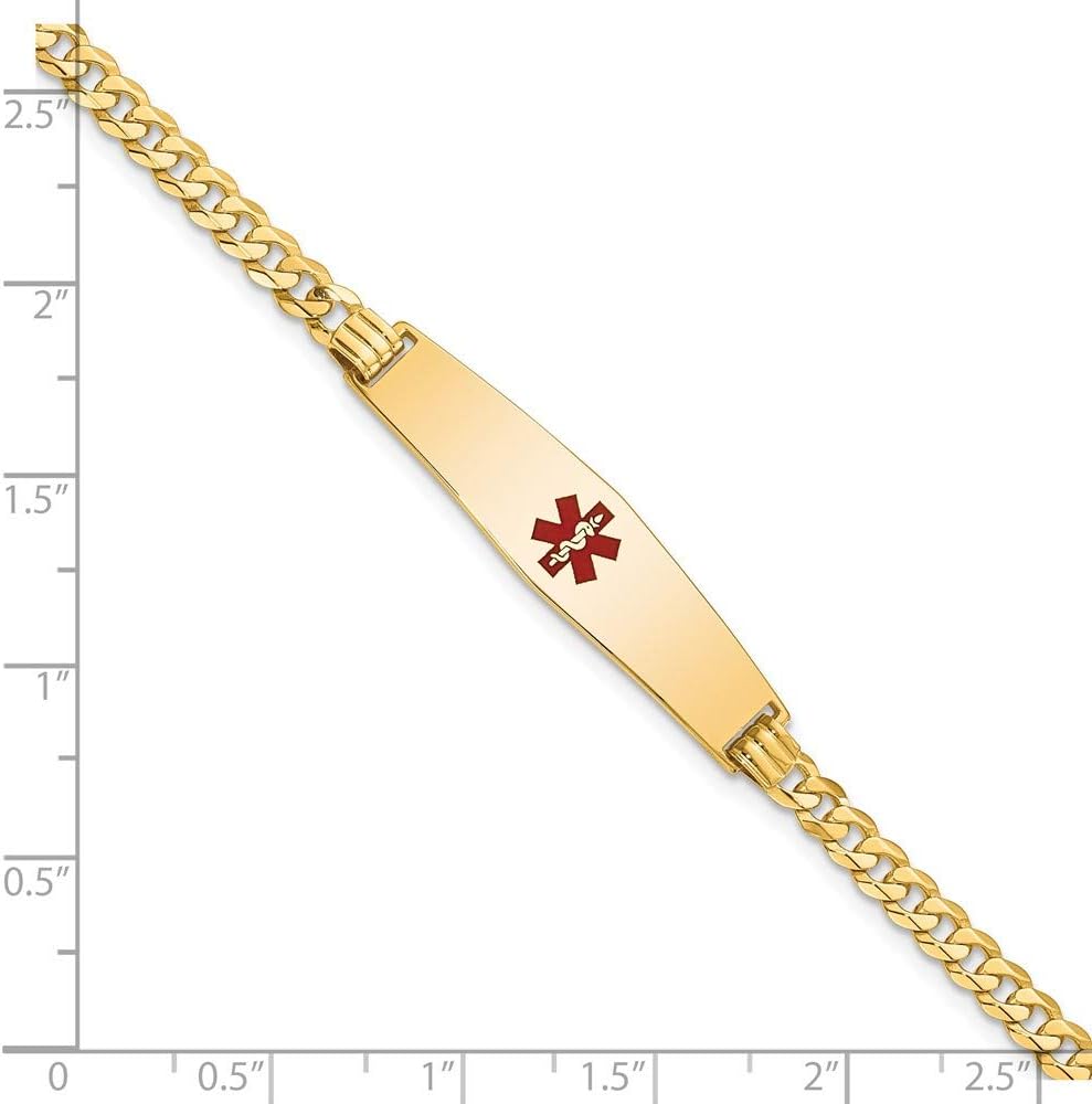 Engravable Personalized Custom 14K Yellow Gold Medical Soft Diamond Shape Red Enamel Flat Curb Link ID Bracelet For Women Length 8 inches Width 8.5 mm