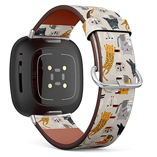 CJBROES Replacement Leather Watch Band, Compatible with Fitbit Versa 3 and Fitbit Sense of Wristband Bracelet Accessory - Different Funny Cats