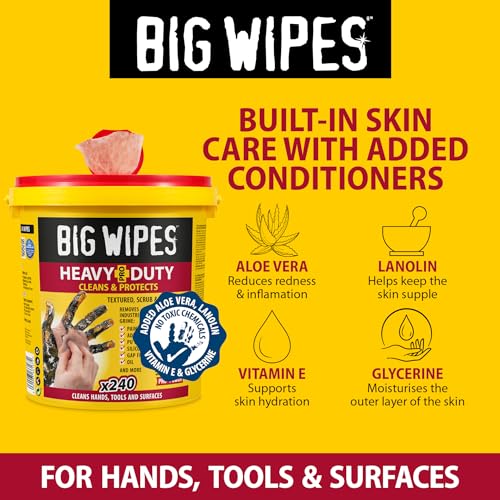 Image of BIG WIPES Heavy Duty Industrial Hand Cleaning Wipes, Textured Scrubbing Degreaser Wipes for Mechanics and Tool Cleaner - 240 Count Bucket (2 Pack)
