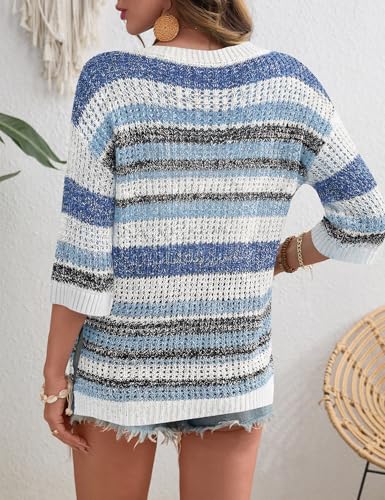 Image of Rapbin Women's Crochet V Neck Beach Cover Up 3 /4 Sleeve Hollow Out Knitted Pullover Sweater