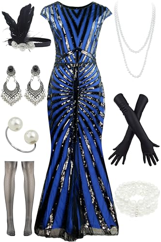 Image of Women Evening Maxi Long Dress 1920s Sequin Mermaid Hem Wedding Prom Gown Costume w / 20s Gatsby Accessories Set