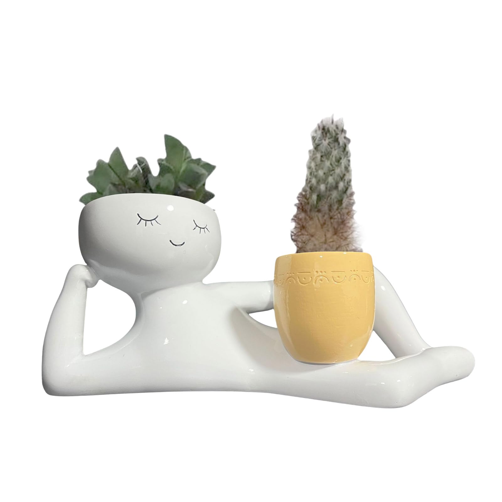 Piante grasse finte con vasi in ceramica a forma umana