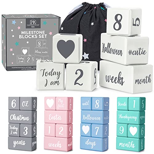 Image of White Baby Monthly Milestone Blocks with Bag. Baby Age Blocks for Girl or Boy Baby Photo Props and Baby Shower. Month Baby Milestone Blocks with Grammatically Correct Month and Year