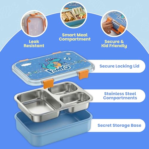 Image of Famyo Kids Bento Lunch Box Combo of 2 Leakproof BPA-Free 3 Compartments | Rexy Dino & June Unicorn, microwave-safe lunch boxes for school, durable food containers for boys & girls