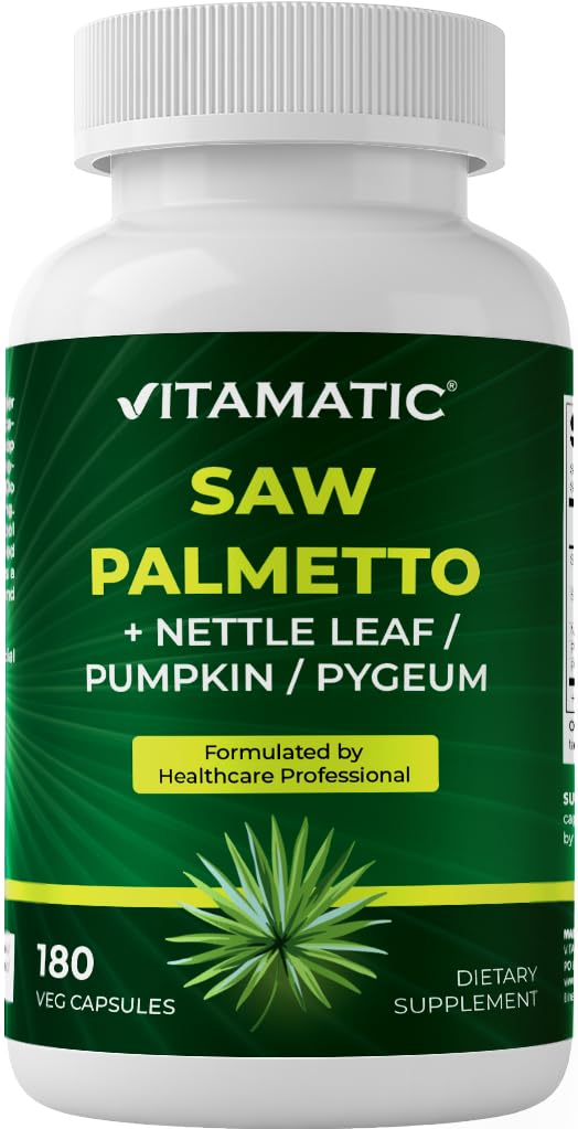 Vitamatic Saw Palmetto Extract for Men & Women 180 Veg Capsules - Made with Pumpkin Seed, Pygeum, Nettle Leaf - Made in the USA - Promotes Healthy Prostate Function