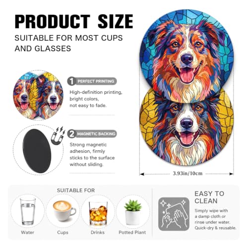 Stained Glass Shepherd Dog Funny Round Magnetic Coaster Set of 2 Doubles as Fridge Magnets, for The Office Desks Home Kitchen Coffee Tea Table, Birthday Housewarming Gifts for Friend Coworker Familys - Image 2