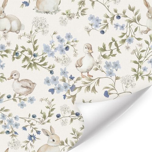 HLNIUC Boho Bunny Duck Peel and Stick Wallpaper 17”x118”Rabbit Floral Self Adhesive Contact Paper Easter Botanical Wallpaper Wildflower and Plant Leaf Art Paper Woodland Nursery Wall Mural for Bedroom