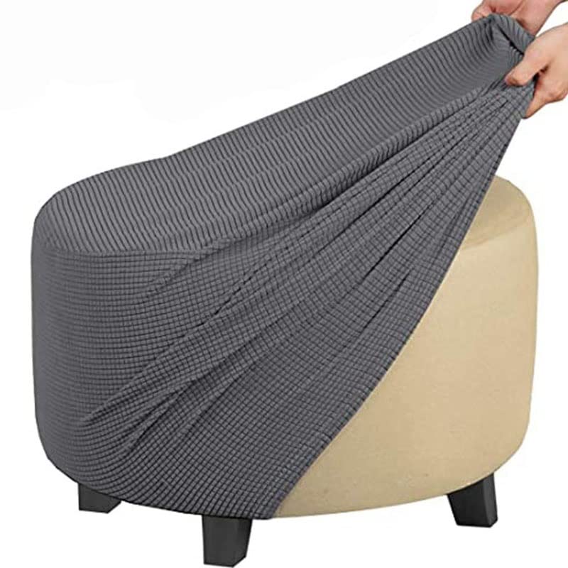 GUNDAN Round Footstool Cover Gray Stretch Ottoman Cover, Fabric Removable Large Stretch Pouffe Cover Anti-Slip Foot Stool Jacquard Slipcovers With Elastic Bottom, Machine Washable