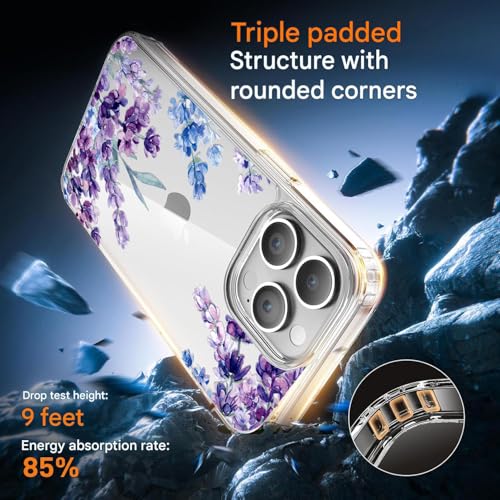Image of Elzzi Clear Floral Case for iPhone 14 Pro Max, Lavender Flower Clear Phone Case for Women Girls, Cute Aesthetic Purple Botanical Transparent Shockproof Protective Slim Cover (Deep with Leaf)