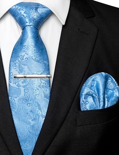 Image of JEMYGINS Mens Solid Color Paisley Necktie and Pocket Square with Tie Clip Sets
