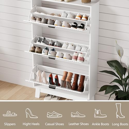 Image of Shoe Cabinet Storage for Entryway with 3 Flip Drawers, Fluted Narrow Shoe Organizer with Wooden Legs, Freestanding Slim Shoe Storage Hidden Shoe Rack Organizer for Front Door Entrance, Hallway, White