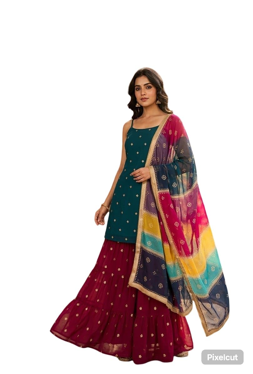Women's Embroidered Sharara Suit Set, Teal Kurta with Maroon Skirt and Multicolour Dupatta (IN, Alpha, XL)