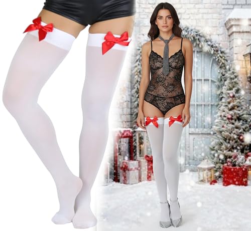 Image of ToBeInStyle Women's Opaque Long Thigh High Stockings w /Decorative Front Satin Bow