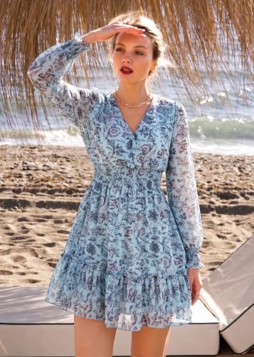Image of Prettywear Women's Chiffon Long Sleeve Wrap Neck Wedding Guest Mini Dress | Wrap V Neck Smocked Waist Flowy Dress, Spring Fall Outfits for Cocktail, Vacation, Date Night Party