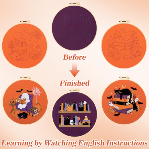 Image of Mindsoft 3 Set Needlepoint Kit for Beginners with Hoop,Halloween Booklover | Bamboo Hoop Thread Needles Instructions, Easy Hand Embroidery for Beginners Home Crafts,Pre-stamped Funny Cute Designs