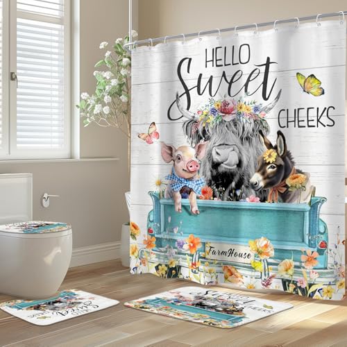 Newsely 4Pcs Highland Cow Farm Shower Curtain Set With Non-Slip