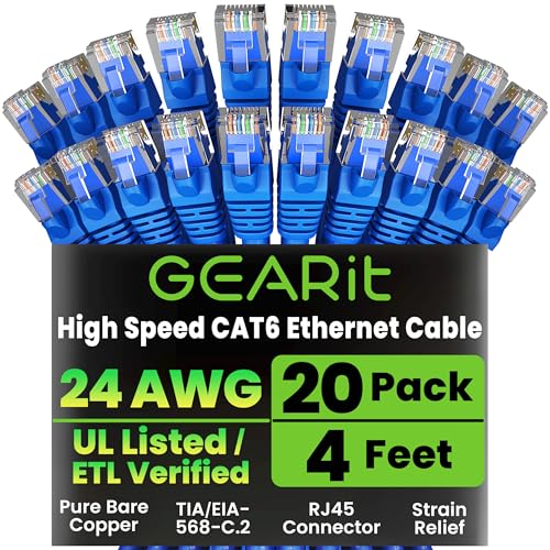 GEARit Cat6 Patch Cables Cat 6 Ethernet Cable 4 ft 20-Pack Blue