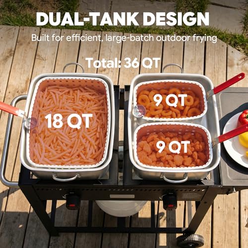 Image of Feasto Outdoor Propane Deep Fryer with Movable Cart, 36 QT 2-Burner Stove | 100,000 BTU Total, 2 x 18QT Aluminum Pots, 1 x 18QT Basket & 2 x 9QT Frying Baskets, Portable Fryer for Fish, Fries & Chicken