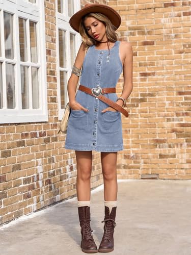 Image of Yousify Womens Casual Sleeveless Denim Overalls Dresses Button Down Summer Jean Mini Dress 2025 Trendy Romper With Pockets