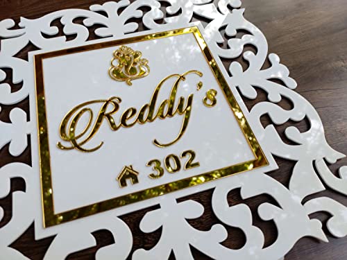Image of Aarushi Creations Acrylic Personalized Home Name Plate - 3 Year Warranty - Acrylic Embossed Letters with Mirror Shine (White, Golden) 0319 (12x12 Inch)