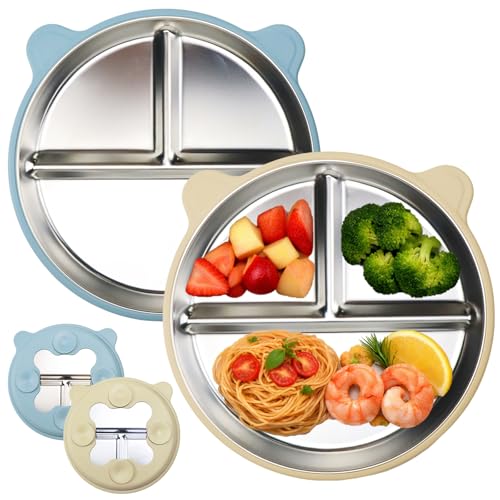 2er Set Edelstahl Teller Baby mit Saugnapf Kinderteller mit Saugnapf Abnehmbare Silikonhülle Rutschfest & BPA-frei Spülmaschinenfest Geteilter Kinderteller Edelstahl für Selbstständiges Essen