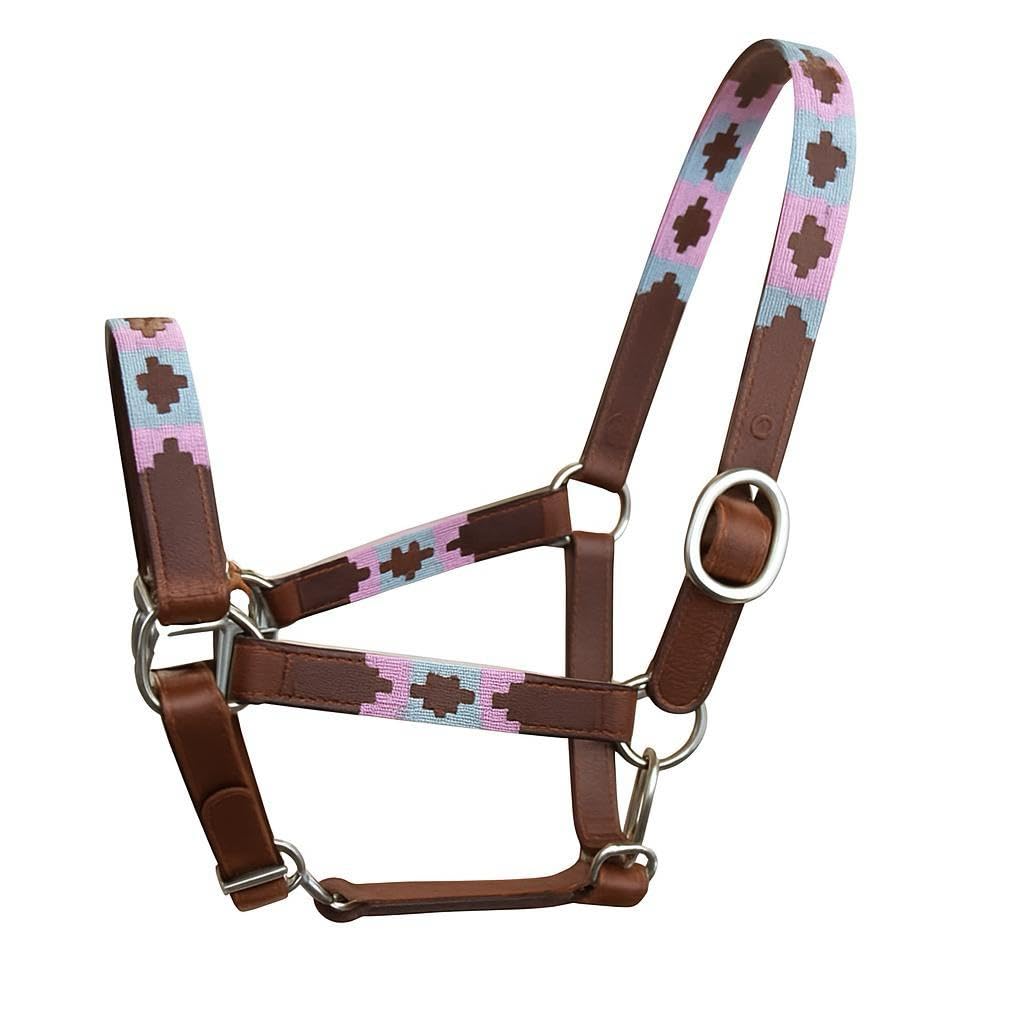 Leather Polo Headcollar, Handmade Embroidered Pattern, Brown with Adjustable Straps, Oil Pull-up Leather Pink/Blue (Pink/Blue, Cob)