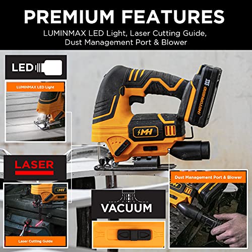 Motorhead 20V Ultra Cordless Jig Saw, Lithium-Ion, Led, Laser & Edge Guide, 0-45° Bevel.80” Stroke, 2700 Spm, Variable Speed, Tool-Free Blade Change, 2Ah Battery, Charger, Bag, 3 Blades, Usa-Based #TOP1