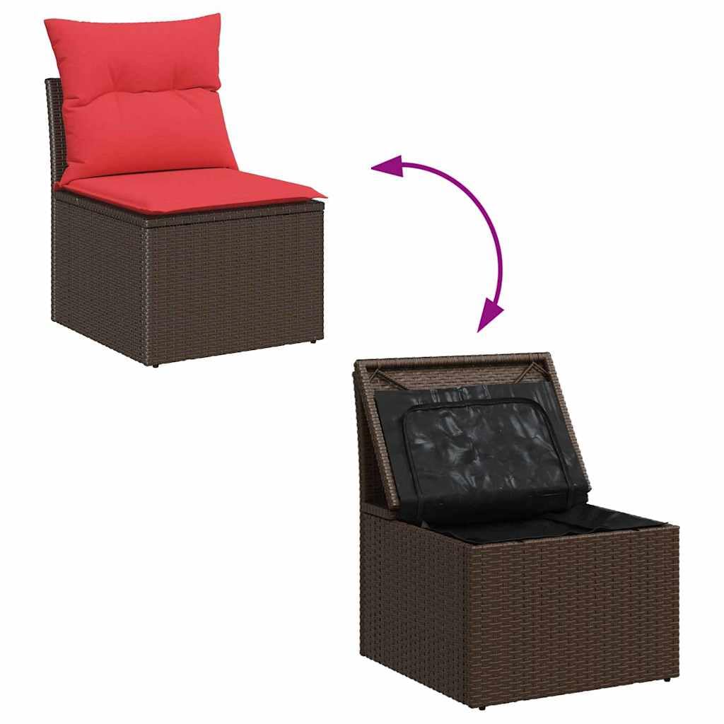 Ensemble de Canapé de Jardin 3 Pièces en Poly Rotin Marron et Rouge, Salon de Jardin Modulable avec Rangement, Mobilier d'Extérieur pour Terrasse et Patio