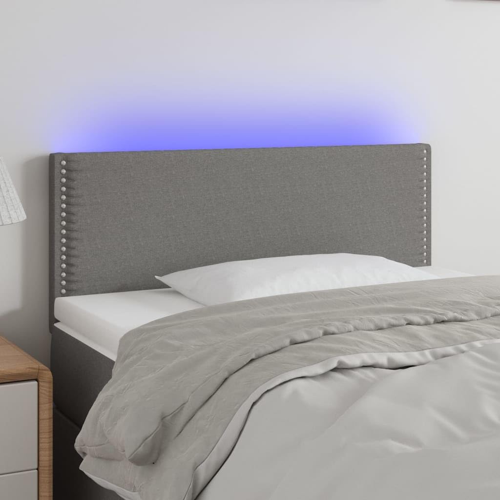 Testiera del letto a LED, grigio scuro, 90x5x78/88 cm, tessuto, con altezza regolabile e striscia LED per il taglio, fornisce supporto per la schiena durante la lettura.