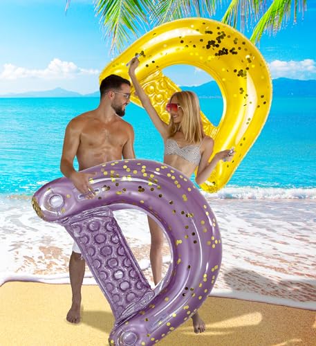 Image of POZA Inflatable Pool Float Chair - Luxurious Lounger Filled with Sparkle Confetti, 2 Built in Cup Holders & Handles, Water Floating Chair for Beach, Lake & Swimming Pool - 48 x 38 Inch