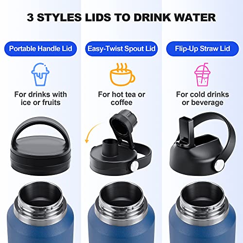 Hydrowion 32Oz Stainless Steel Water Bottle(Cold For 48 Hrs, Hot For 24 Hrs),Double Wall Vacuum Insulated Water Bottle With Straw Lid, Spout Lid And Flex Cap, Fit In Any Car Cup Holder,Black #TOP2