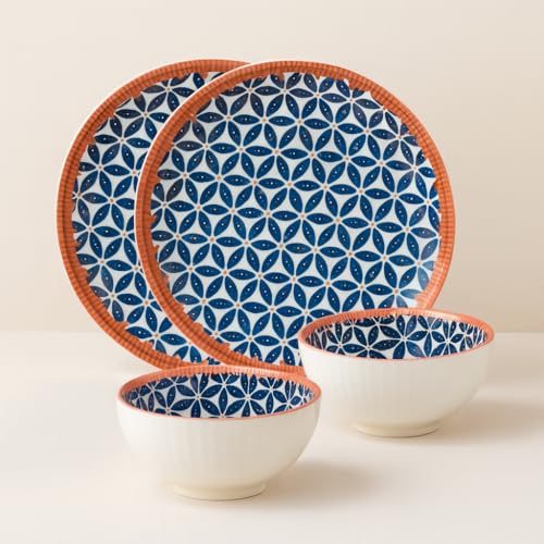 Image of YELONA Japanese Ceramic Dinnerware Set of 4 (2 Bowls + 2 Plates) | 11.5cm Bowls (300ml) & 8-Inch Plates (20.5cm) | Honeycomb Pattern | Microwave & Dishwasher Safe | Rustic Modern Kitchen Crockery