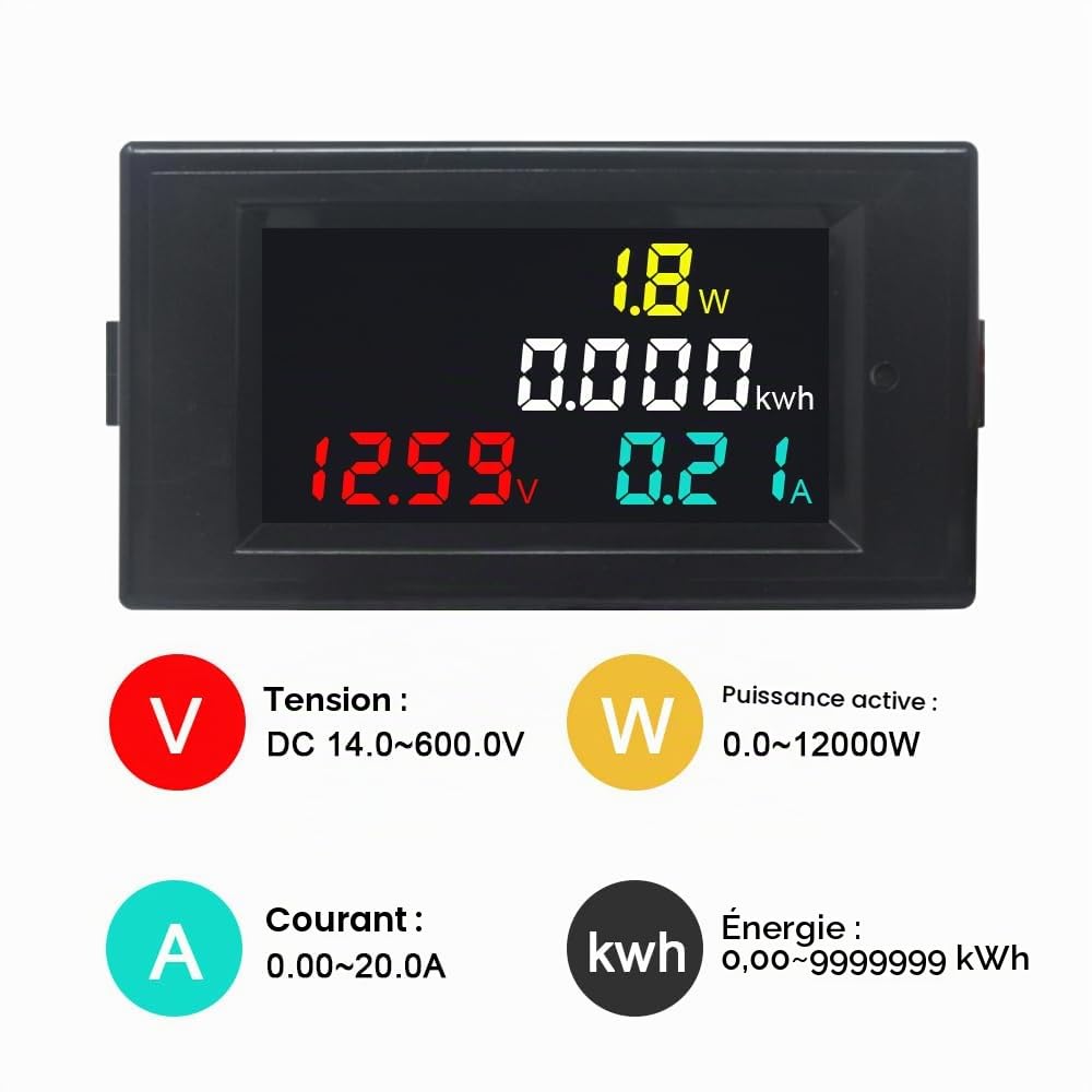 KETOTEK Numérique Voltmètre Ampèremètre DC 14-600V 20A Multimètre Amp Volt Testeur de Tension Mètre LCD Watt Metre Electrique Compteur d'énergie pour Solaire Moteur Auto