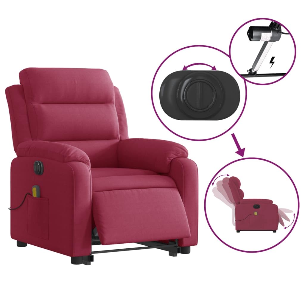 Sillón de masaje eléctrico con ayuda para levantarse, color rojo vino, silla tapizada de terciopelo con masaje de vibración de 6 puntos y función reclinable, amplio asiento, reposabrazos