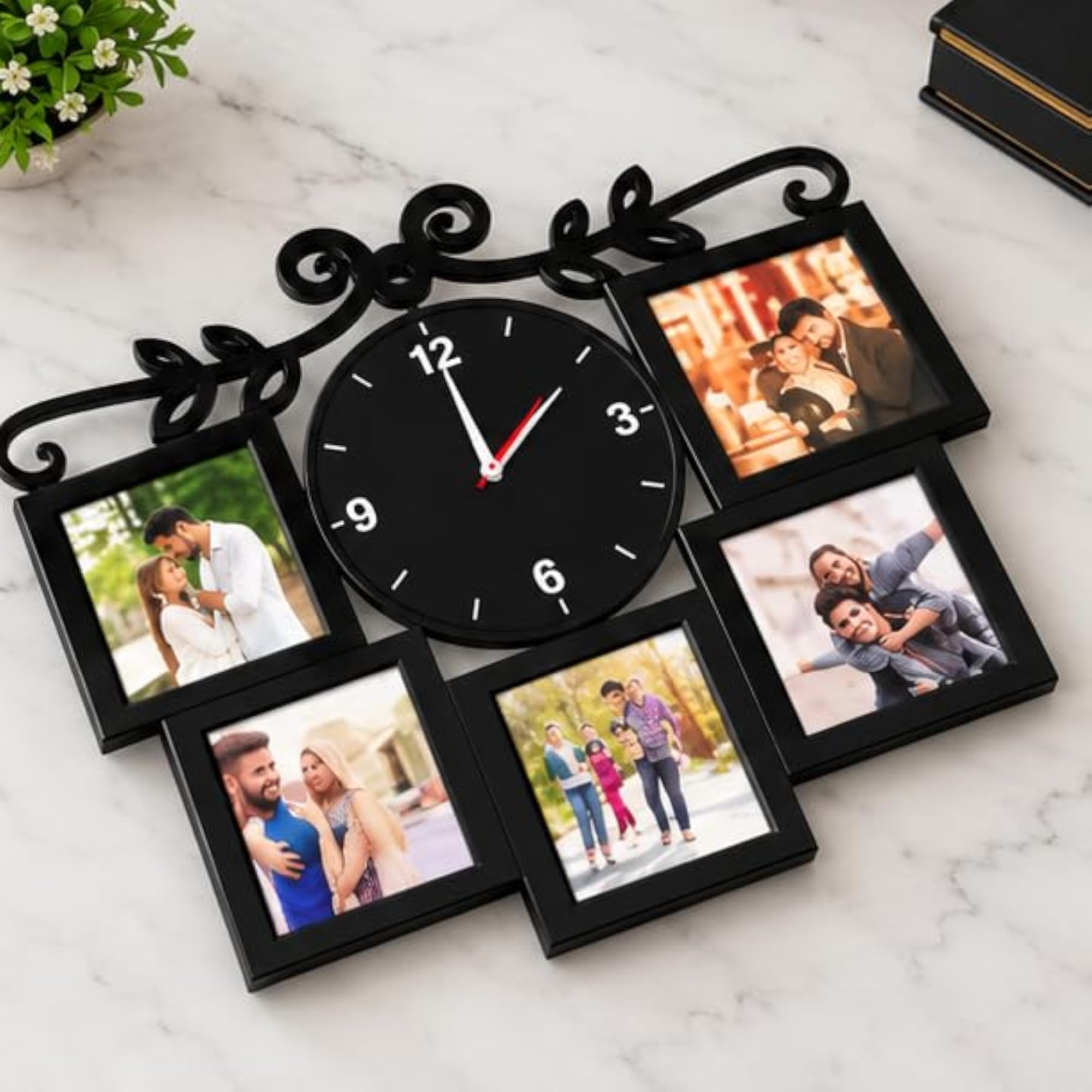 Wall Clock with 5 Photo Frames Collage, Black