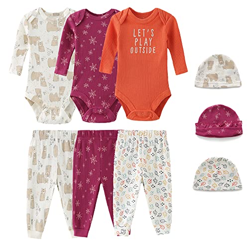 Ecojoy Baby Long Sleeve Bodysuits Newborn Clothes 9-Piece Jumpsuits Pant Hat Set for Boys and Girls
