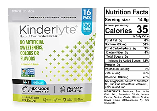 Kinderlyte Electrolyte Powder, Advanced Hydration, Easy Open Packets, Supplement Drink Mix (Lemon Lime, 16 Count) #TOP4