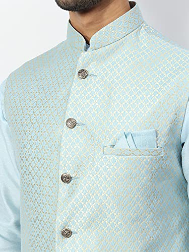 Image of Uri and MacKenzie Men's Silk Blend Regular Kurta Churidar Pyjama with Bundi Nehru Jacket /Waistcoat